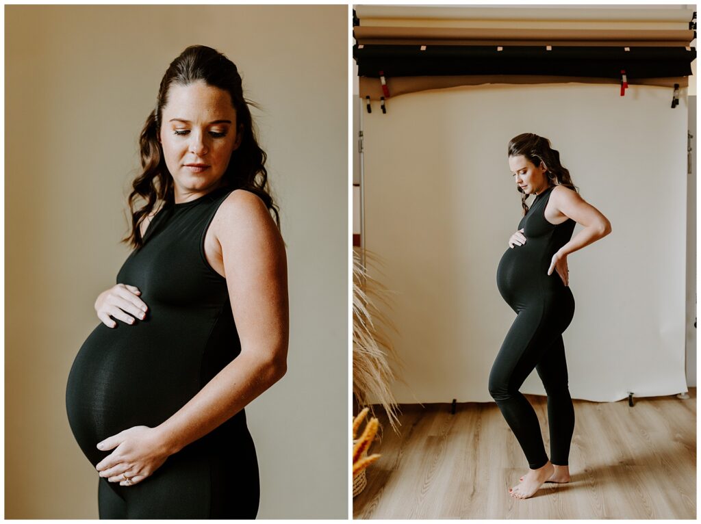 For Whitney + Alex's cozy studio maternity photos at Rust & Honey studio in Fortville, Indiana, she wore a sleek black outfit to emphasize her bump and it gave the best modern vibes!