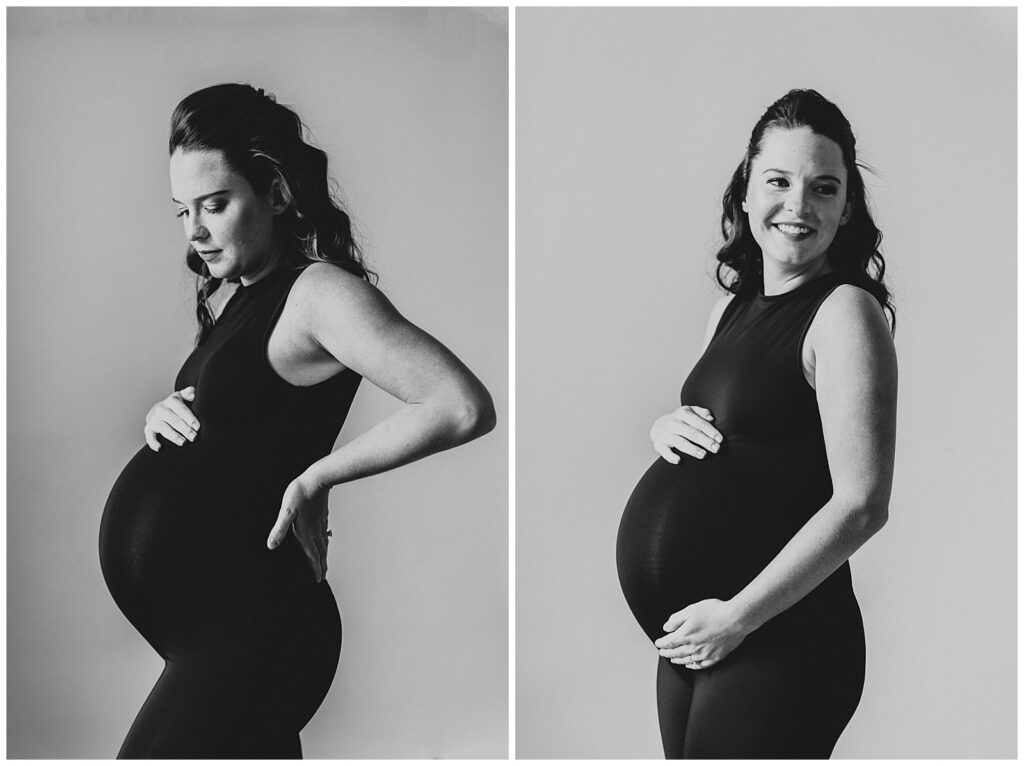 For Whitney + Alex's session at Rust & Honey studio in Fortville, Indiana, she wore a sleek black outfit to emphasize her bump and it gave the best modern vibes!