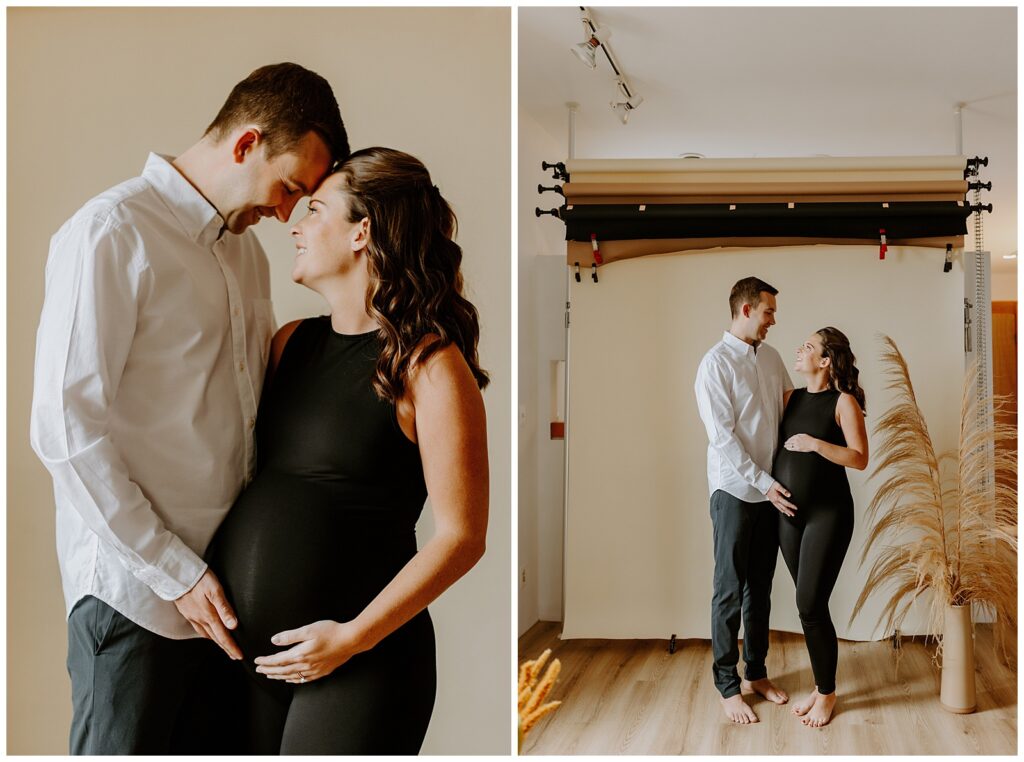For Whitney + Alex's cozy studio photos at Rust & Honey studio in Fortville, Indiana, she wore a sleek black outfit to emphasize her bump and it gave the best modern vibes!